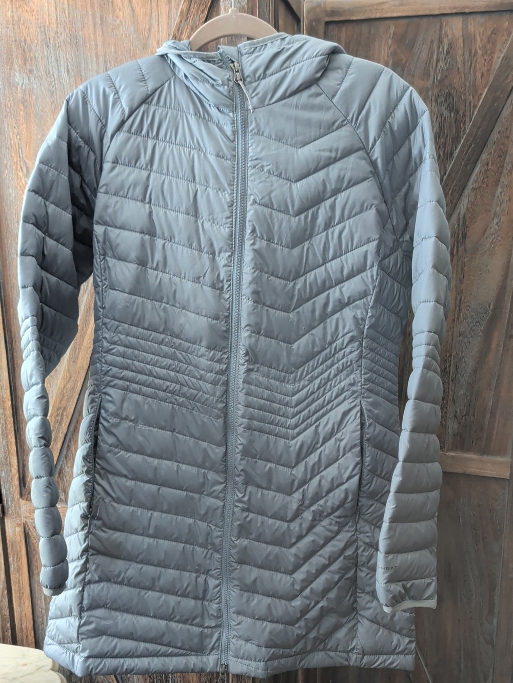 Columbia Women's Light Gray Hooded Quilted Long Puffer Coat